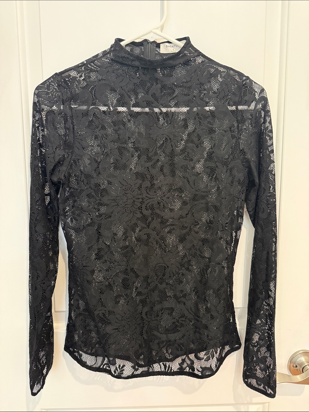 Babaton Black Sheer Lace Long Sleeve Mock Neck Top